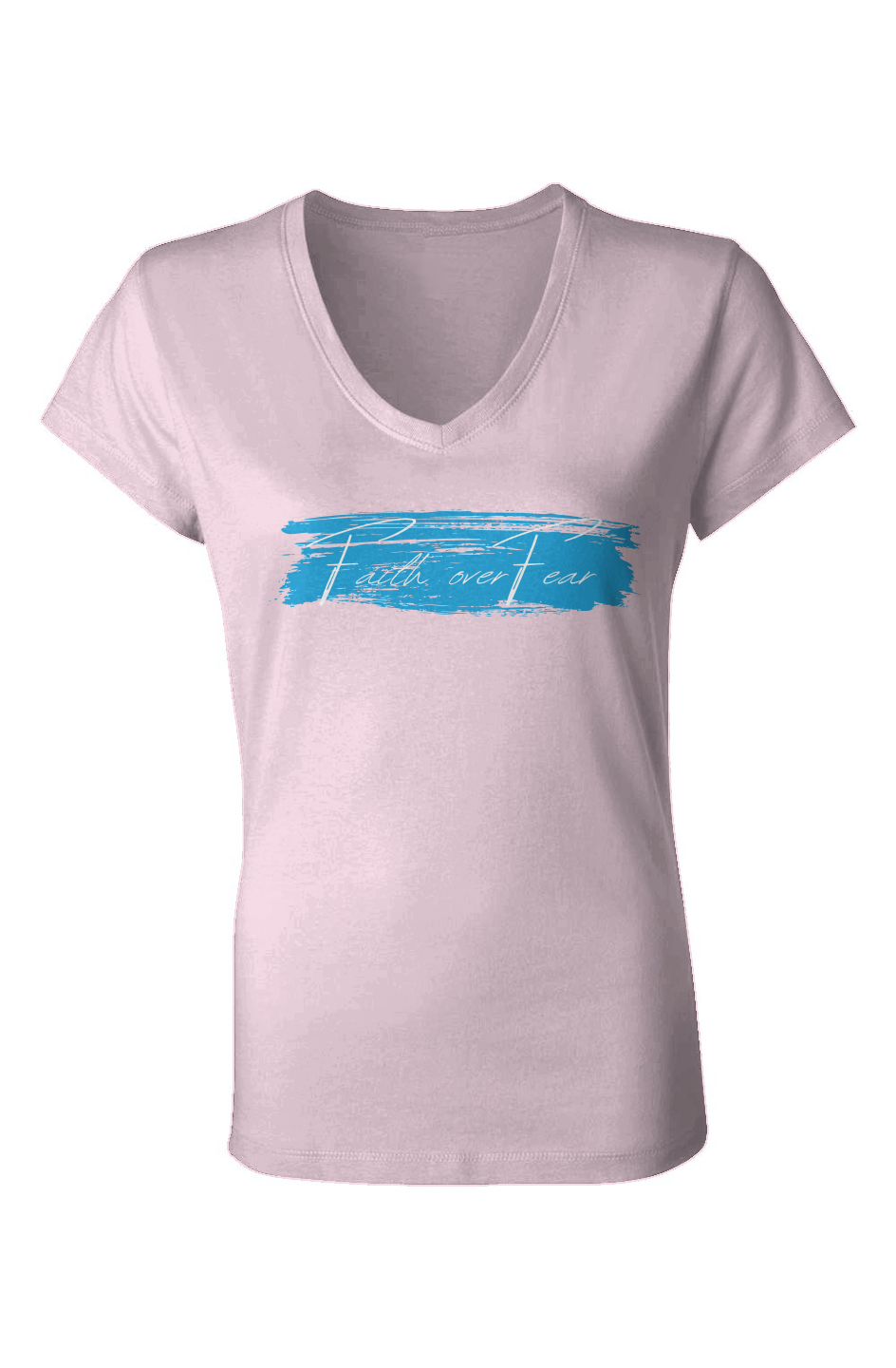 Ladies Jersey V-Neck T-Shirt :Faith over fear, blue swipe